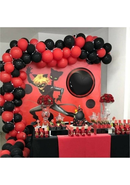 100 Adet Kırmızı Siyah Karakedi Balon Konsepti ve 5 mt Balon Zinciri