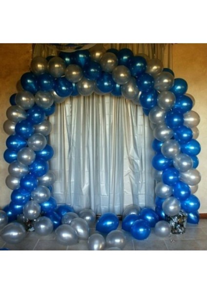 100 Adet 12 Inç Metalik Mavi Gümüş Balon + 5mt Balon Zinciri