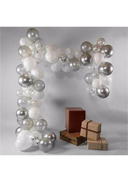 50 Adet Krom Gümüş Metalik Beyaz Şeffaf Konfetili Balon Seti