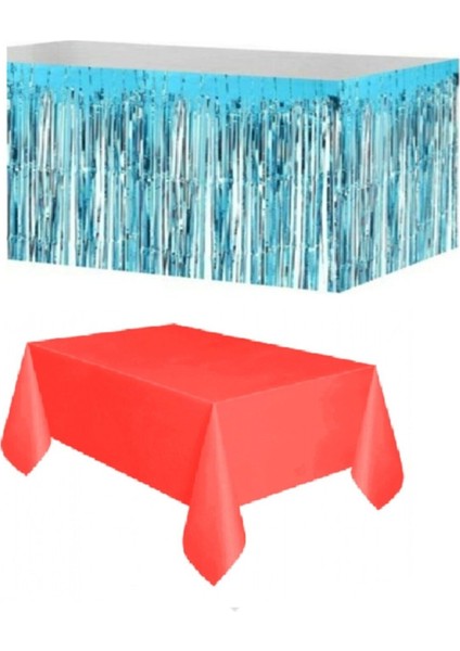 Mavi Metalize Masa Etegi + Plastik Kırmızı Masa Örtüsü