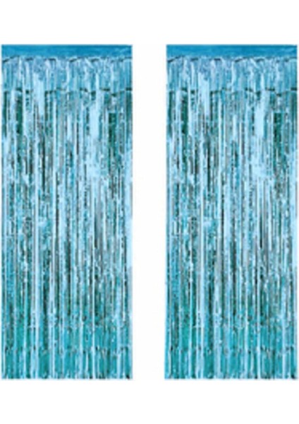 2 Adet 45 cm × 200 cm Metalize Arka Fon Kapı Perdesi Püsküllü Fon Süsü Mavi