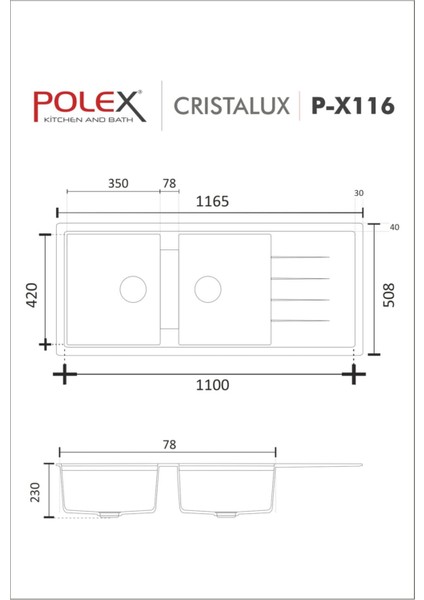 Cristalüx Granit Evye P-X116 Antrasit 2 Hazneli Tezgah Altı Ve Tezgah Üstü Mutfak Evyesi 116,5x50,8cm