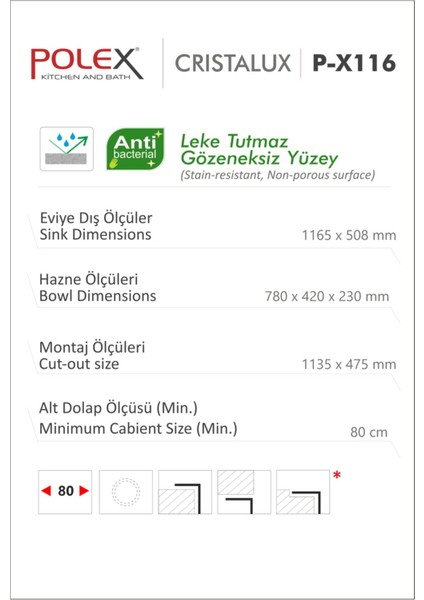 Cristalüx Granit Evye P-X116 Antrasit 2 Hazneli Tezgah Altı Ve Tezgah Üstü Mutfak Evyesi 116,5x50,8cm