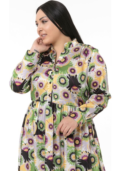 Büyük Beden Hakim Yaka Beli Yanlardan Lastikli Robalı Fırfırlı Saten Yeşil Midi Elbise fiyatları