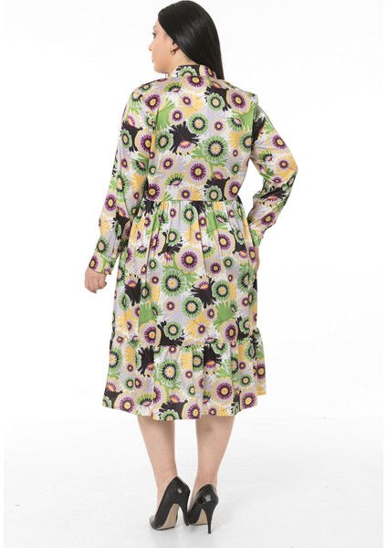 Büyük Beden Hakim Yaka Beli Yanlardan Lastikli Robalı Fırfırlı Saten Yeşil Midi Elbise modelleri