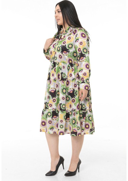 Büyük Beden Hakim Yaka Beli Yanlardan Lastikli Robalı Fırfırlı Saten Yeşil Midi Elbise fırsatları