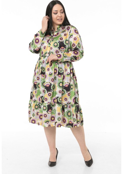 Büyük Beden Hakim Yaka Beli Yanlardan Lastikli Robalı Fırfırlı Saten Yeşil Midi Elbise indirimleri