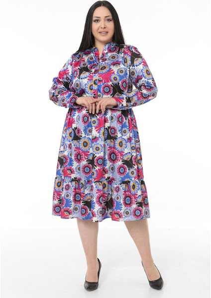 Büyük Beden Hakim Yaka Beli Yanlardan Lastikli Robalı Fırfırlı Saten Mavi Midi Elbise