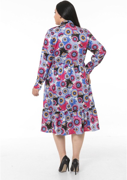 Büyük Beden Hakim Yaka Beli Yanlardan Lastikli Robalı Fırfırlı Saten Mavi Midi Elbise modelleri