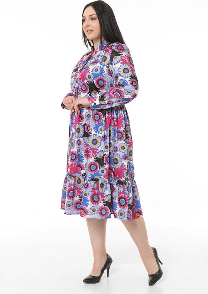 Büyük Beden Hakim Yaka Beli Yanlardan Lastikli Robalı Fırfırlı Saten Mavi Midi Elbise fırsatları