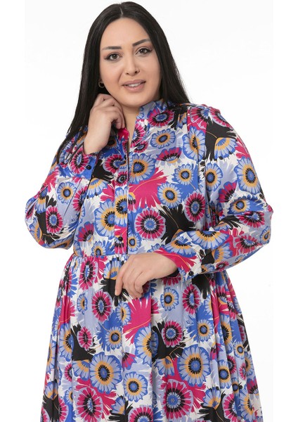 Büyük Beden Hakim Yaka Beli Yanlardan Lastikli Robalı Fırfırlı Saten Mavi Midi Elbise indirimleri