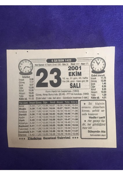 23 Ekim 2001 Takvim Yaprağı - Nostalji Koleksiyonluk Takvim Yaprağı B