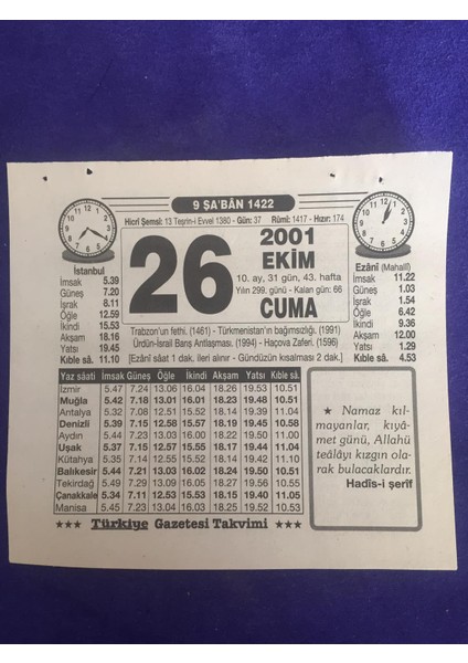 26 Ekim 2001 Takvim Yaprağı - Nostalji Koleksiyonluk Takvim Yaprağı B