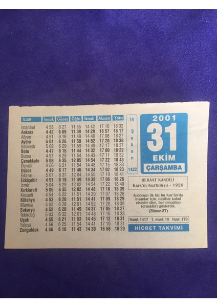 31 Ekim 2001 Takvim Yaprağı - Nostalji Koleksiyonluk Takvim Yaprağı B
