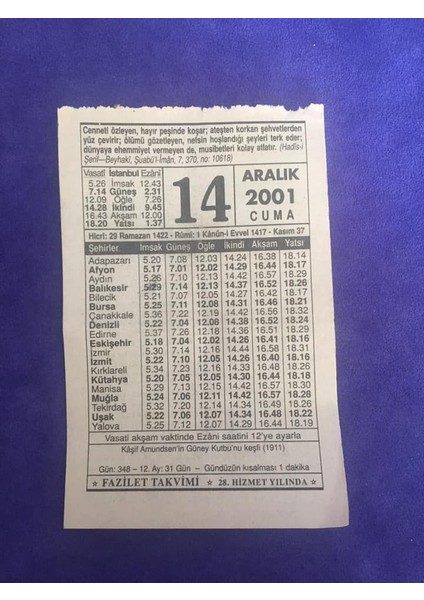14 Aralık 2001 Takvim Yaprağı - Nostalji Koleksiyonluk Takvim Yaprağı