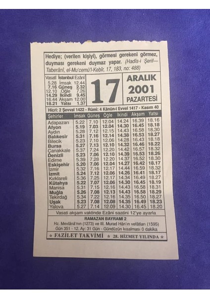 17 Aralık 2001 Takvim Yaprağı - Nostalji Koleksiyonluk Takvim Yaprağı