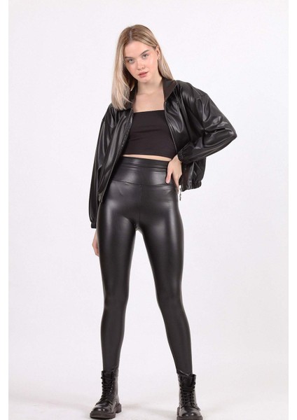 Yüksek Bel Bantlı Suni Deri Tayt