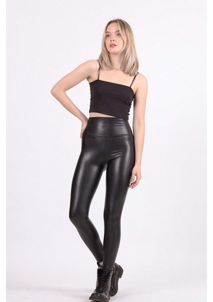 Yüksek Bel Bantlı Suni Deri Tayt indirimleri