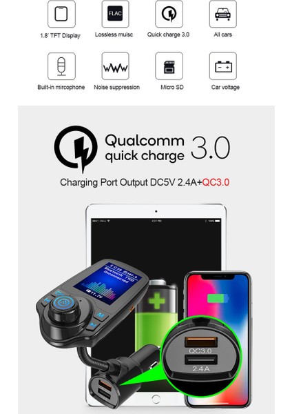 Büyük Renkli Ekran USB Araç Şarj Cihazı Bluetooth 2.4A Qc3.0 Hızlı Araç Şarj Adaptörü Telefon Araç USB Şarj Cihazı Sıcak Satış (Yurt Dışından) indirimleri