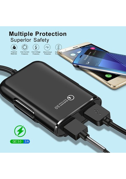 Yüksek Kaliteli 4 Bağlantı Noktalı USB Araç Şarj Cihazı Ön Koltuk Arka Koltuk Qc 3.0 Hızlı Hızlı Şarj (Yurt Dışından)
