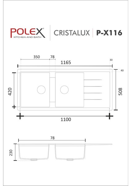 Cristalüx Granit Evye P-X116 Beyaz 2 Hazneli Tezgah Altı Ve Tezgah Üstü Mutfak Evyesi 116,5x50,8cm modelleri