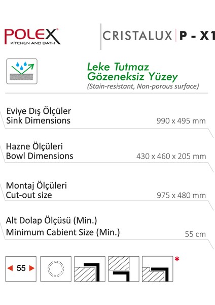 Cristalüx Granit Evye P-X1 Siyah Tezgah Altı Ve Tezgah Üstü Mutfak Evyesi 98x49,5cm