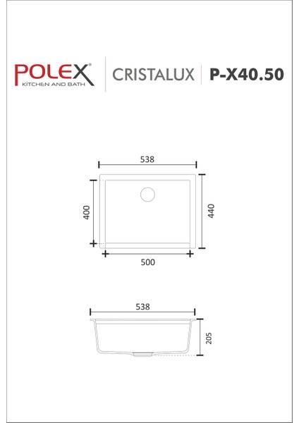 Cristalüx Granit Evye P-X40 Siyah Tezgah Altı Ve Tezgah Üstü Kare Mutfak Evyesi 53,8x44cm