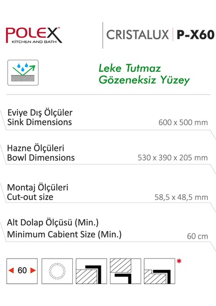 Cristalüx Granit Evye P-X60 Siyah Tezgah Altı Ve Tezgah Üstü Kare Mutfak Evyesi 60x50cm