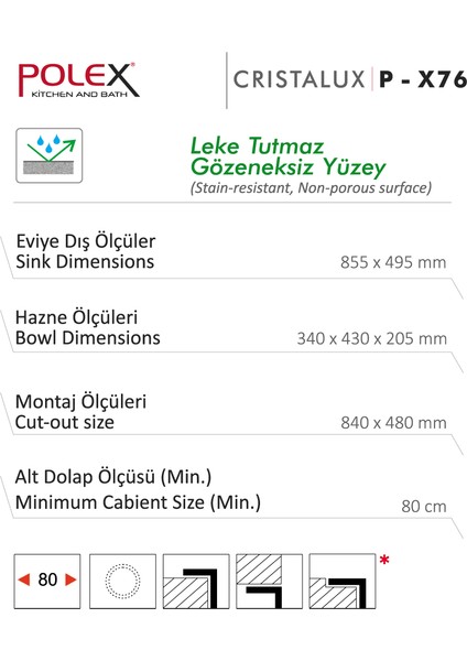 Cristalüx Granit Evye P-X76 Siyah Tezgah Altı Ve Tezgah Üstü Mutfak Evyesi 75x50cm