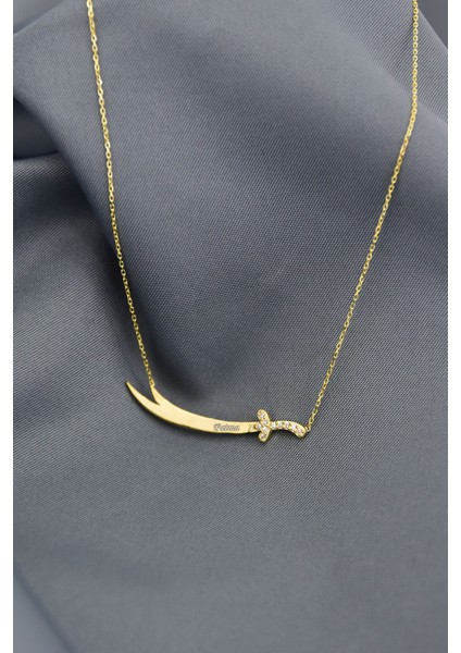 925 Ayar Gümüş Altın Kaplama Fatma Yazılı Taşlı Zülfikar Kolye