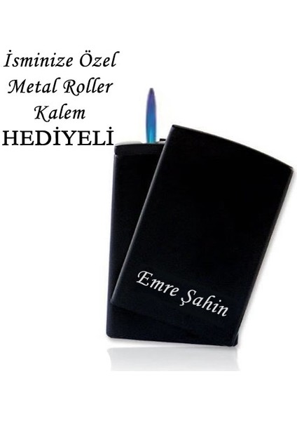 Isme Özel Metal Siyah Pürmüz Alevli Çakmak + Kalem Hediyeli