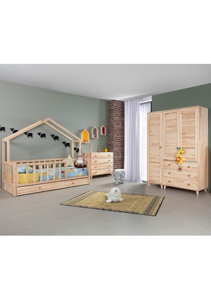 Doğal Ladin Çocuk Odası, Adal Montessori Çocuk Odası Takımı - Yavrulu Karyola, Dolap DR-205, Şifonyer PK-101