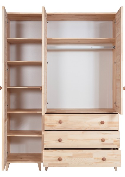 Doğal Ladin Çocuk Odası, Adal Montessori Çocuk Odası Takımı - Yavrulu Karyola, Dolap DR-205, Şifonyer PK-101