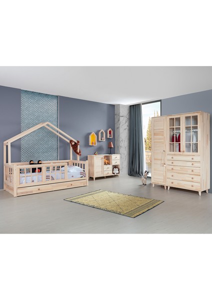 Doğal Ladin Çocuk Odası, Ilkim Montessori Çocuk Odası Takımı - Yavrulu Karyola, Dolap İK-103, Şifonyer DR-202