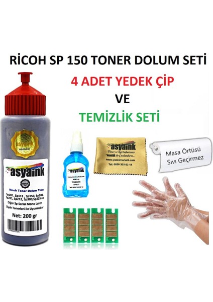 Ricoh SP150 Yazıcı ile Uyumlu Toner Dolum Seti 200GR+ÇIP