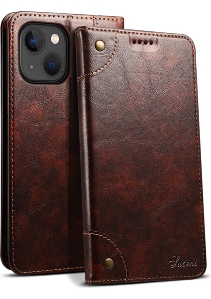 Sutenı Apple iPhone 13 Mini Için 055 Serisi Çizilmeye Düşmeye Dayanıklı Pu Deri+Tpu Cüzdan Tasarımlı Standlı Telefon Kılıfı - Koyu Kahverengi (Yurt Dışından)