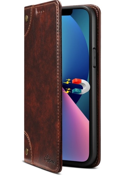 Sutenı Apple iPhone 13 Mini Için 055 Serisi Çizilmeye Düşmeye Dayanıklı Pu Deri+Tpu Cüzdan Tasarımlı Standlı Telefon Kılıfı - Koyu Kahverengi (Yurt Dışından)