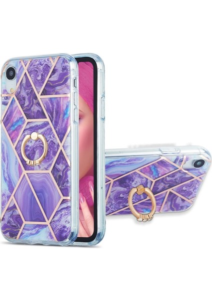 Apple iPhone Xr Için Döner Standlı Tpu Galvanik Mermer Desenli 2.0mm Imd Iml Telefon Kılıfı - Koyu Mor (Yurt Dışından)