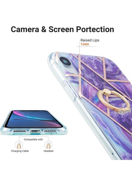 Apple iPhone Xr Için Döner Standlı Tpu Galvanik Mermer Desenli 2.0mm Imd Iml Telefon Kılıfı - Koyu Mor (Yurt Dışından) modelleri