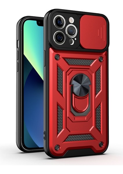 Apple iPhone 13 Pro Için Standlı Düşmeye Dayanıklı Kamera Korumalı Telefon Kılıfı - Kırmızı (Yurt Dışından)