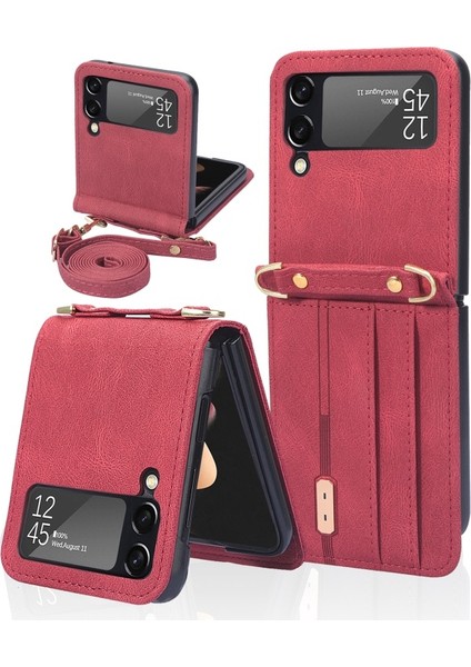 Galaxy Z Flip 3 5g Için Kartlıklı Pu Deri Kaplamalı Pc Uzun Kordonlu Koruyucu Telefon Kılıfı - Kırmızı (Yurt Dışından)