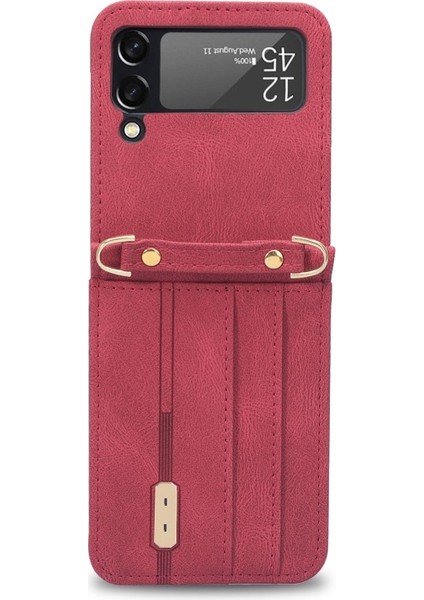 Galaxy Z Flip 3 5g Için Kartlıklı Pu Deri Kaplamalı Pc Uzun Kordonlu Koruyucu Telefon Kılıfı - Kırmızı (Yurt Dışından)