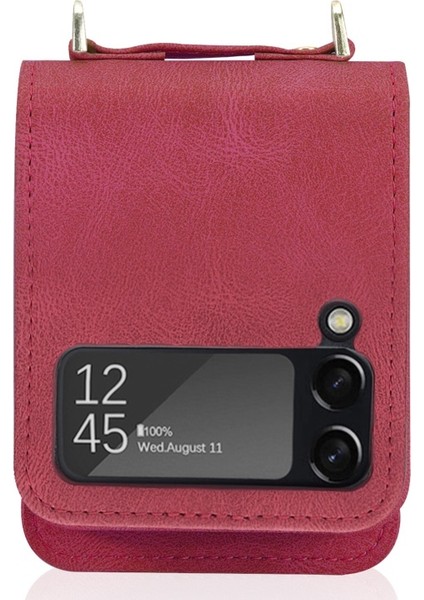 Galaxy Z Flip 3 5g Için Kartlıklı Pu Deri Kaplamalı Pc Uzun Kordonlu Koruyucu Telefon Kılıfı - Kırmızı (Yurt Dışından)