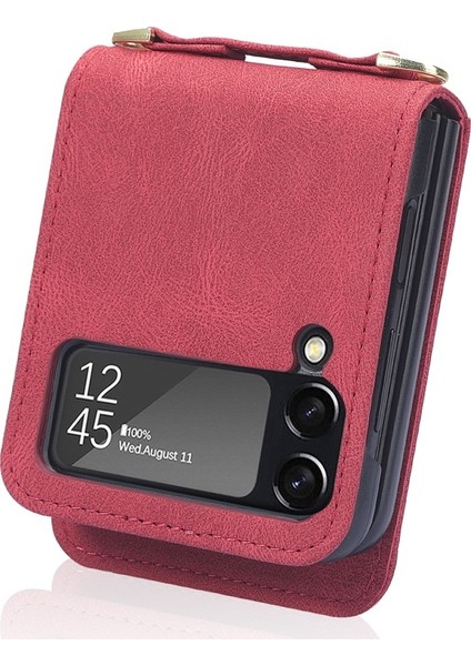 Galaxy Z Flip 3 5g Için Kartlıklı Pu Deri Kaplamalı Pc Uzun Kordonlu Koruyucu Telefon Kılıfı - Kırmızı (Yurt Dışından)