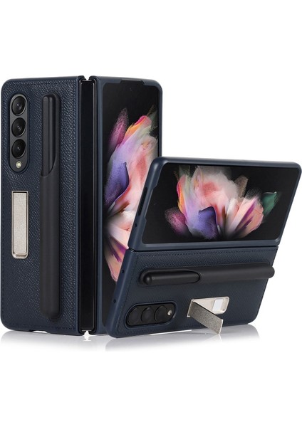 Galaxy Z Fold 3 5g Için Hakiki Deri + Pc Ayrılabilir Kalem Yuvalı Standlı Telefon Kılıfı - Mavi (Yurt Dışından)