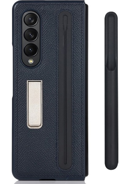 Galaxy Z Fold 3 5g Için Hakiki Deri + Pc Ayrılabilir Kalem Yuvalı Standlı Telefon Kılıfı - Mavi (Yurt Dışından)
