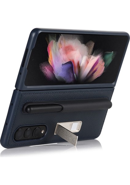 Galaxy Z Fold 3 5g Için Hakiki Deri + Pc Ayrılabilir Kalem Yuvalı Standlı Telefon Kılıfı - Mavi (Yurt Dışından)