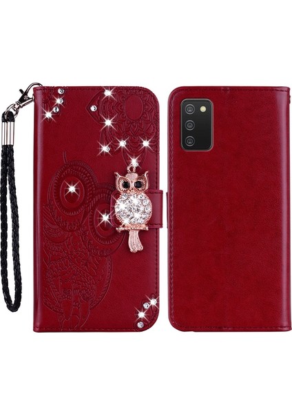 Galaxy A03S Için Baykuş Baskılı Yapay Elmas Dekorlu Standlı Deri Telefon Kılıfı - Kırmızı (Yurt Dışından)