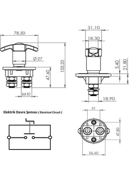 Isıya Dayanıklı Çevirmeli Metal Akü Devre Kesici Şalter - 12/24V 250A