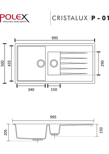 Cristalüx Granit Evye P-01 Mavi 1,5 Gözlü Tezgah Altı Ve Tezgah Üstü Mutfak Evyesi 99x49,5cm modelleri